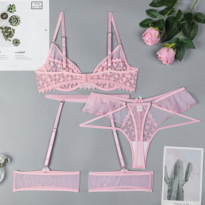 Sheer mesh three-piece lingerie set