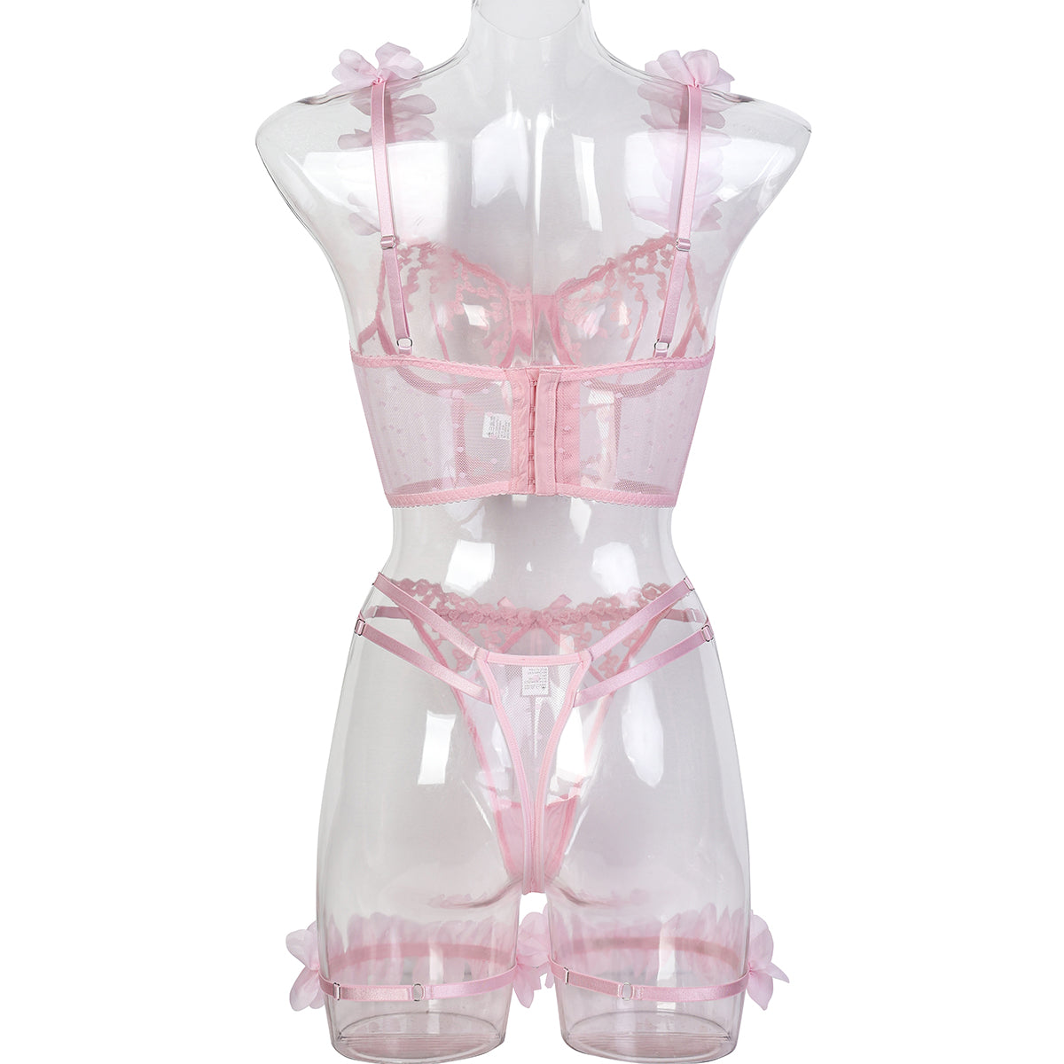 Pink three-piece lingerie set featuring embroidered