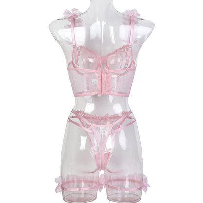 Pink three-piece lingerie set featuring embroidered