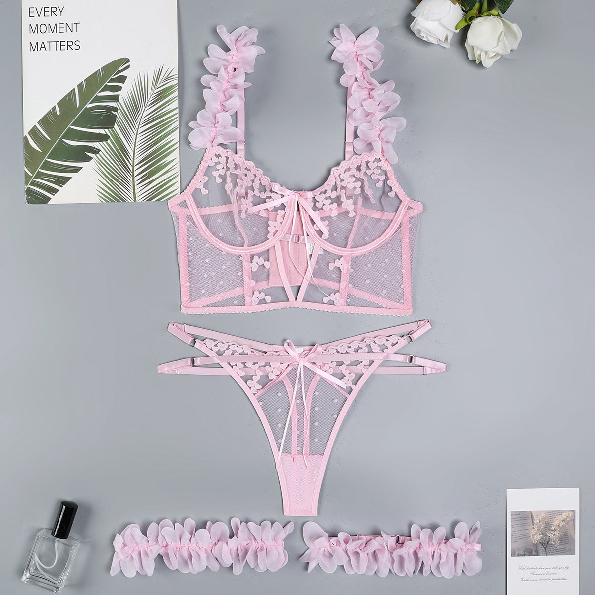 Pink floral three-piece lingerie set
