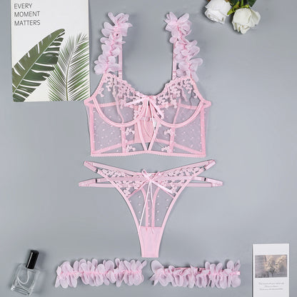 Pink floral three-piece lingerie set