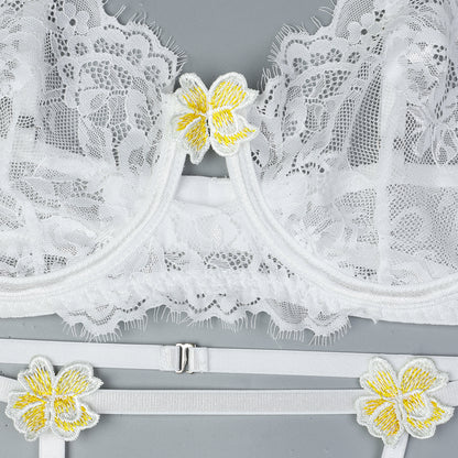 Garter straps design on three-piece lingerie set