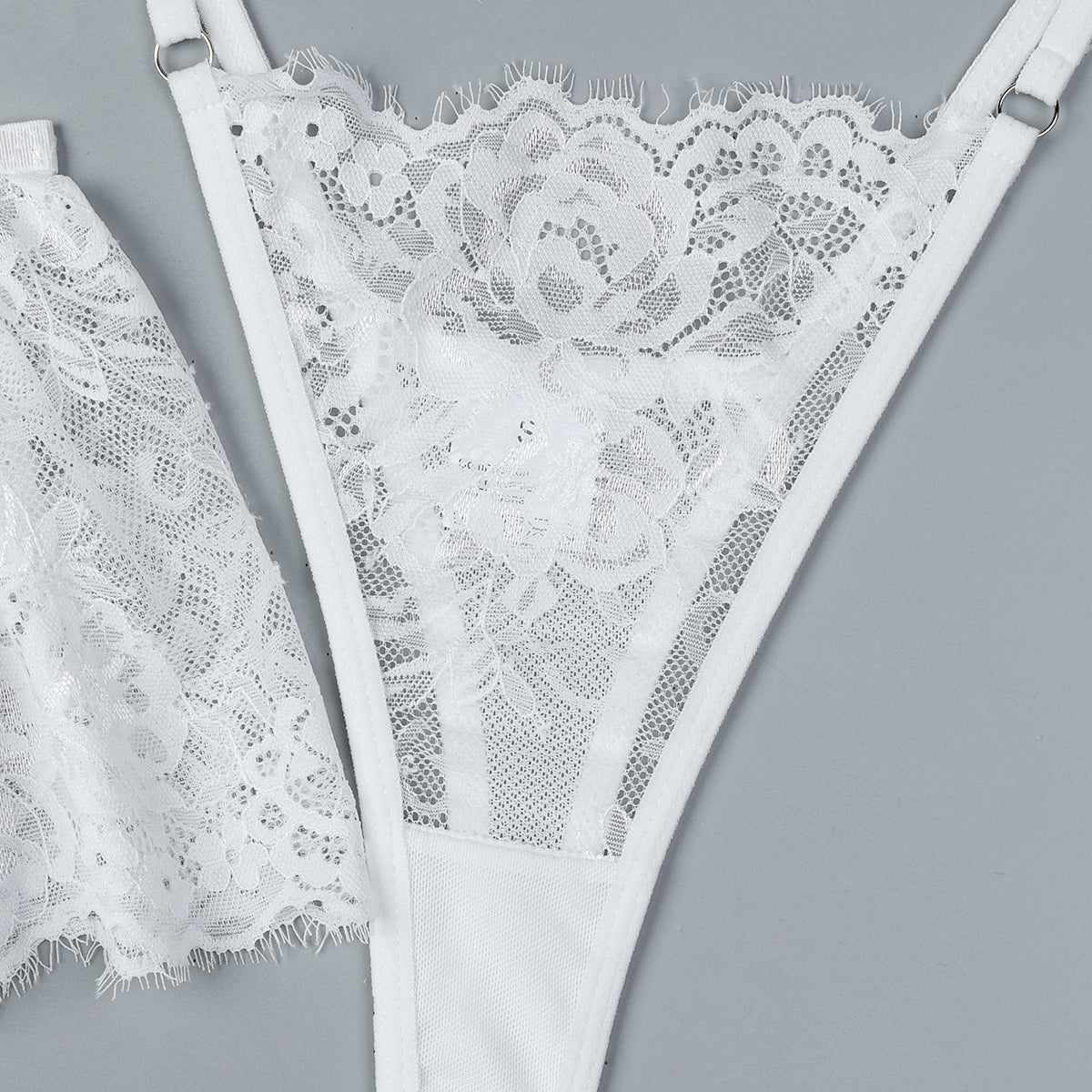Three-piece lingerie set styled with floral