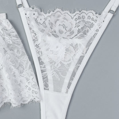 Three-piece lingerie set styled with floral