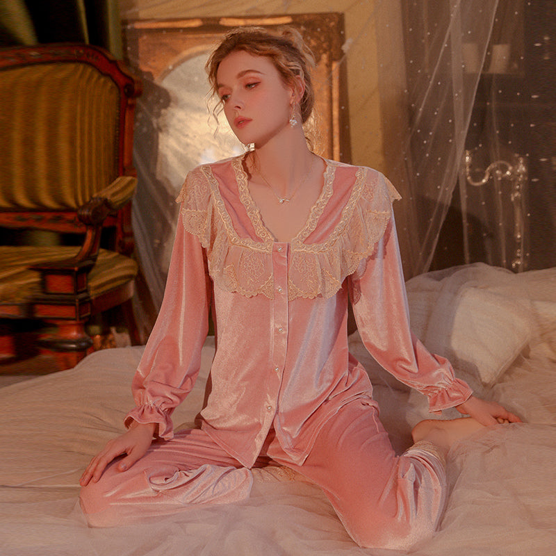 Pink Velvet Pajama Set with Lace Ruffles