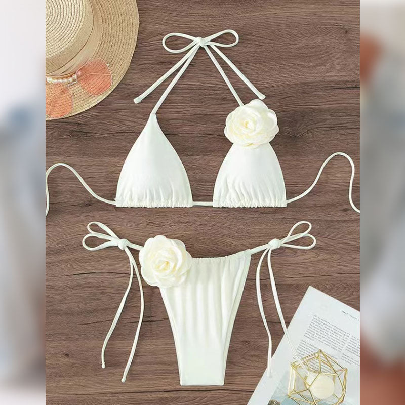 White Rose Embellished Bikini Set – 3D Floral Detail Halter & Tie-Side Swimsuit
