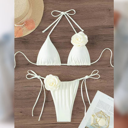 White Rose Embellished Bikini Set – 3D Floral Detail Halter & Tie-Side Swimsuit