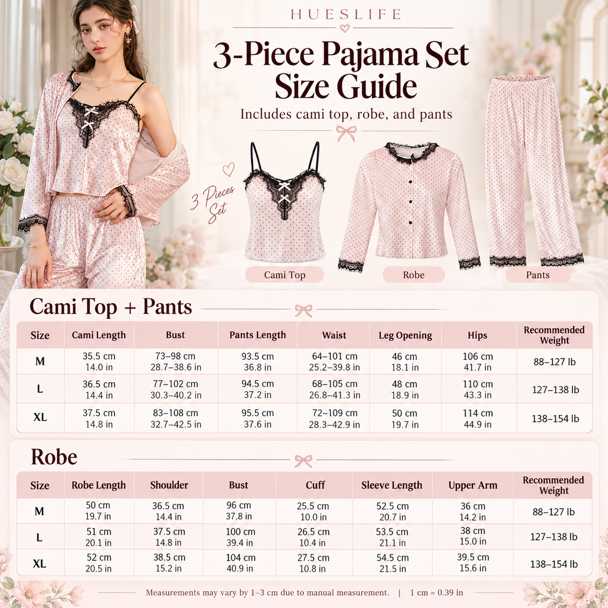 Floral Velvet 3-Piece Pajama Set with Lace Trim