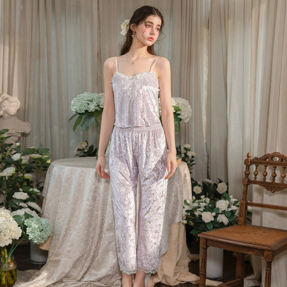 Floral Velvet 3-Piece Pajama Set with Lace Trim