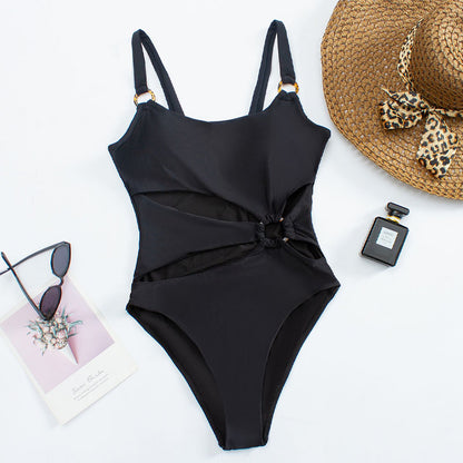 Cut-Out One-Piece Swimsuit – Sleek Minimalist Design with Metal Ring Accents