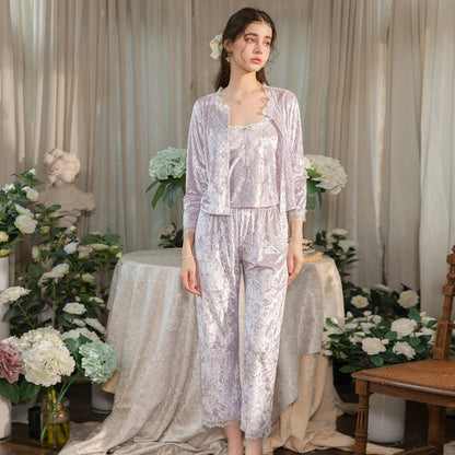 Floral Velvet 3-Piece Pajama Set with Lace Trim