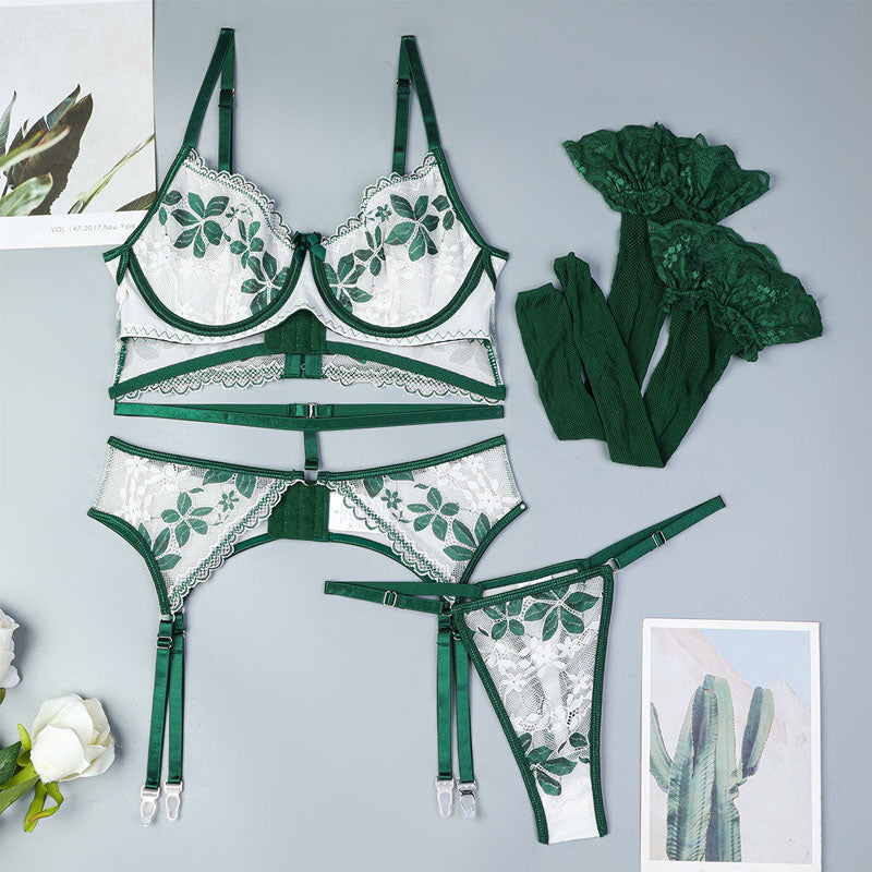 4-Piece Green Embroidered Lingerie Set with Leaf Motif Bra, Garter B 4-Piece Green Embroidered Lingerie Set with Leaf Motif Bra, Garter B