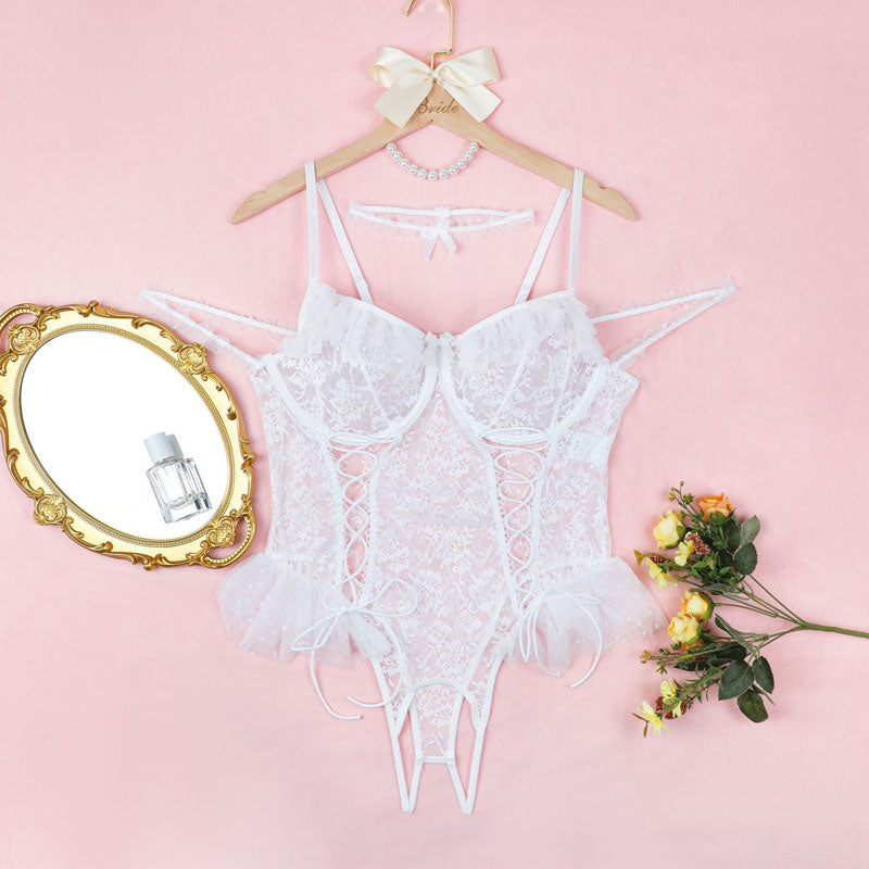 Plus Size Crotchless Lace Lingerie Bodysuit – Sheer Mesh One-Piece with Bows & Ruffle Trim