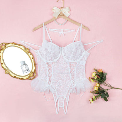 Plus Size Crotchless Lace Lingerie Bodysuit – Sheer Mesh One-Piece with Bows & Ruffle Trim