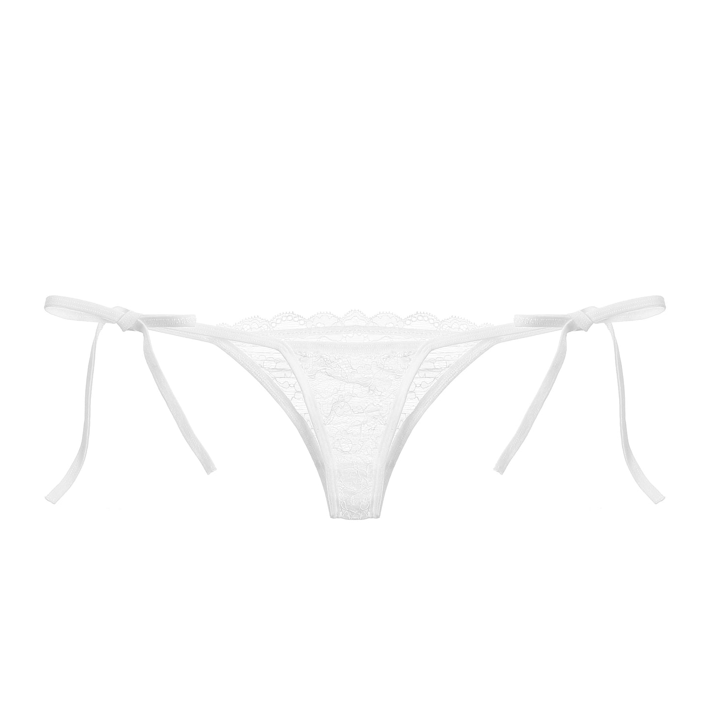 White lace tie-side thong with intricate lace detailing and adjustable tie sides.
