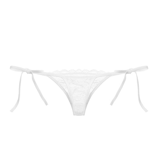 White lace tie-side thong with intricate lace detailing and adjustable tie sides.