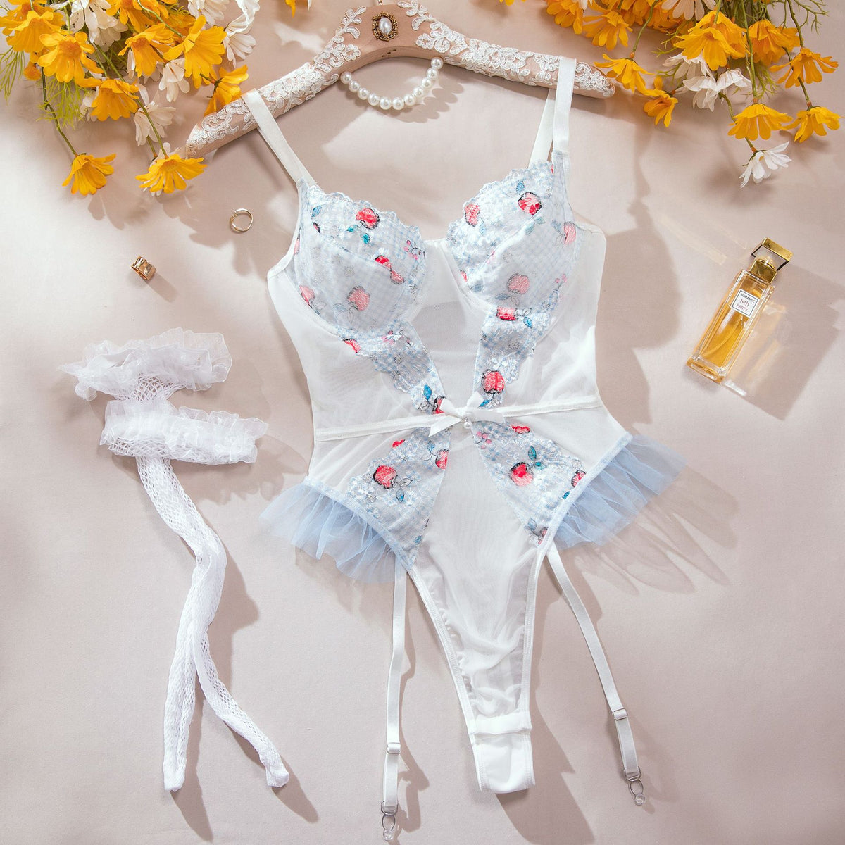 Apple Print Embroidered Mesh Bodysuit Set | Garter Belt & Fishnet Stockings – White