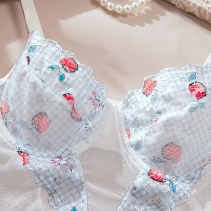 Apple Print Embroidered Mesh Bodysuit Set | Garter Belt & Fishnet Stockings – White