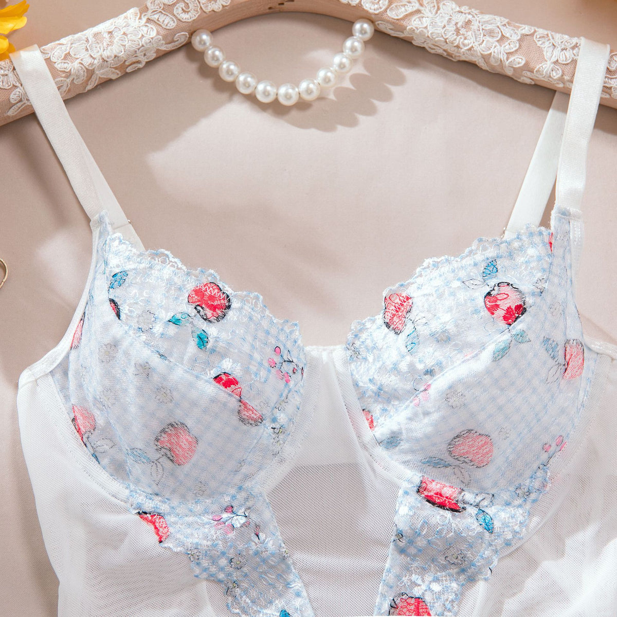 Apple Print Embroidered Mesh Bodysuit Set | Garter Belt & Fishnet Stockings – White