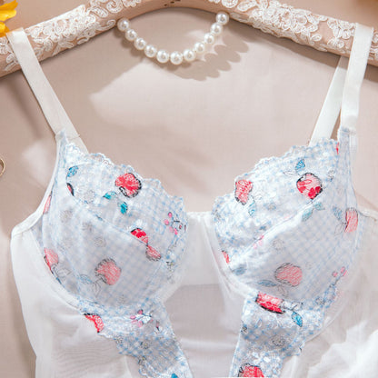 Apple Print Embroidered Mesh Bodysuit Set | Garter Belt & Fishnet Stockings – White