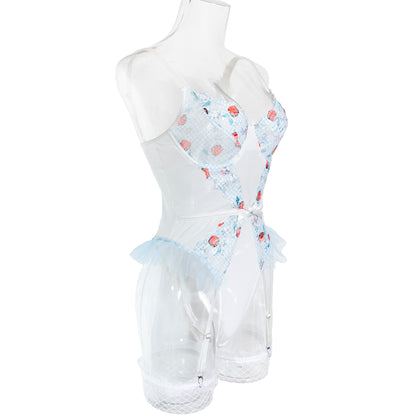 Apple Print Embroidered Mesh Bodysuit Set | Garter Belt & Fishnet Stockings – White