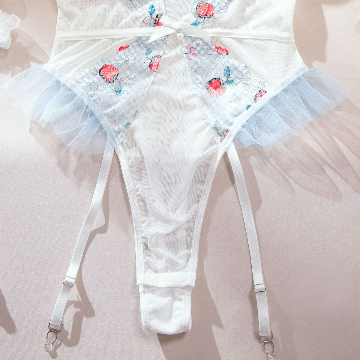Apple Print Embroidered Mesh Bodysuit Set | Garter Belt & Fishnet Stockings – White