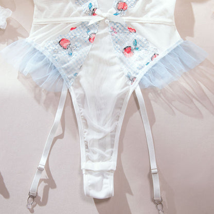 Apple Print Embroidered Mesh Bodysuit Set | Garter Belt & Fishnet Stockings – White