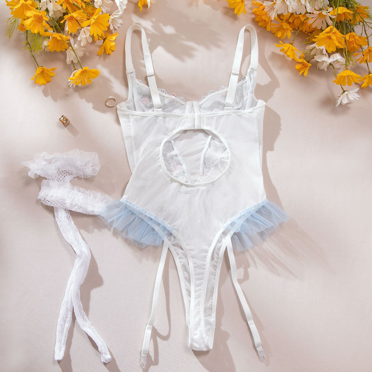 Apple Print Embroidered Mesh Bodysuit Set | Garter Belt & Fishnet Stockings – White