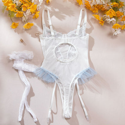 Apple Print Embroidered Mesh Bodysuit Set | Garter Belt & Fishnet Stockings – White