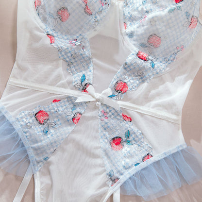 Apple Print Embroidered Mesh Bodysuit Set | Garter Belt & Fishnet Stockings – White