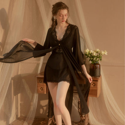 Lace Sheer Mesh Nightwear Set | Elegant Robe, Sling Dress & Thong – Perfect for Glamorous Nights