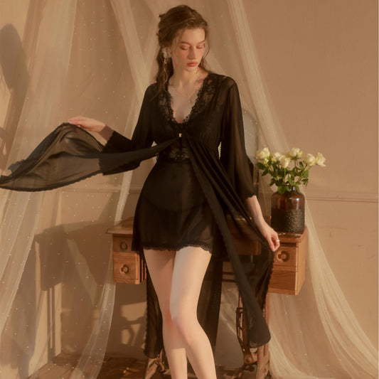 Lace Sheer Mesh Nightwear Set | Elegant Robe, Sling Dress & Thong – Perfect for Glamorous Nights