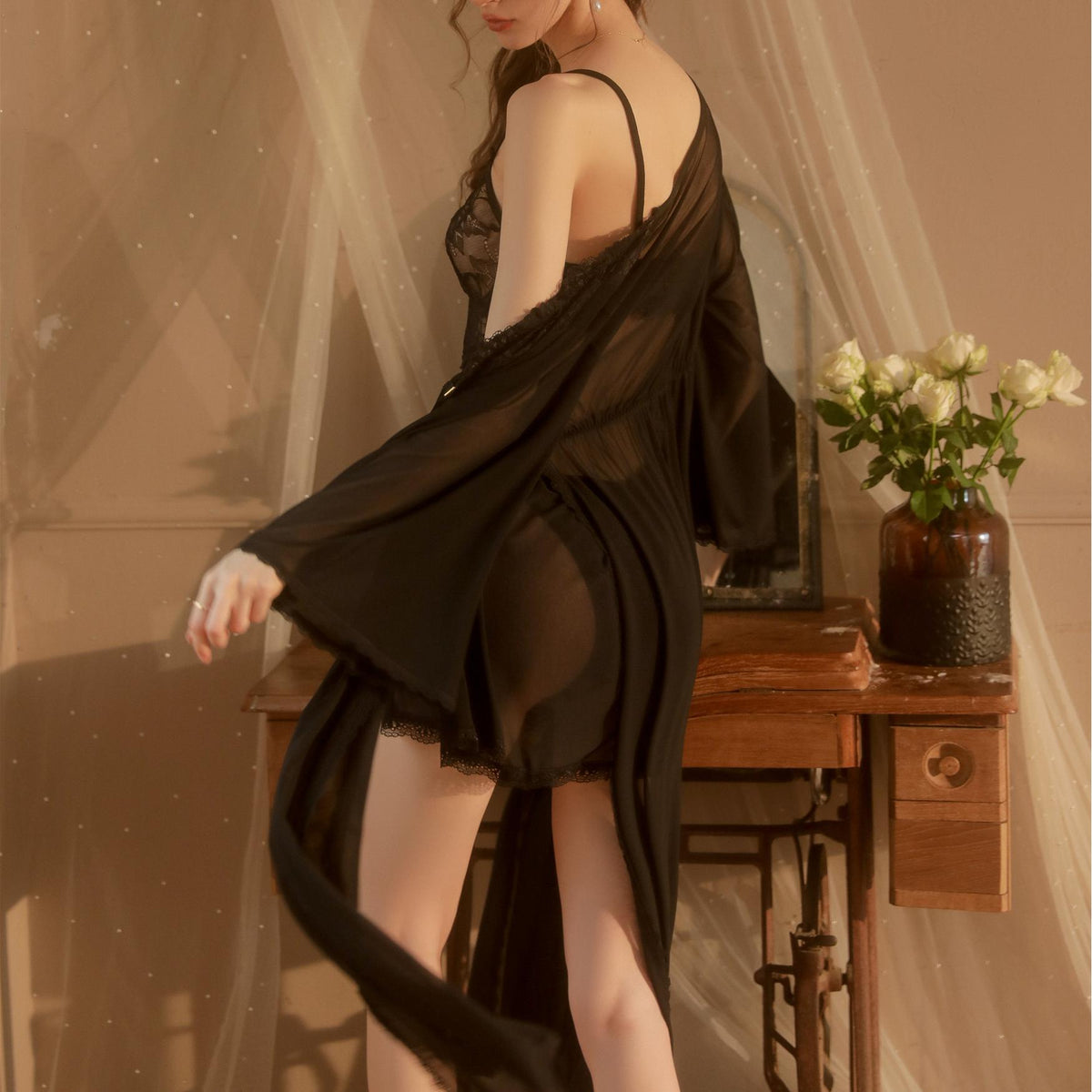Lace Sheer Mesh Nightwear Set | Elegant Robe, Sling Dress & Thong – Perfect for Glamorous Nights