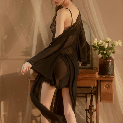 Lace Sheer Mesh Nightwear Set | Elegant Robe, Sling Dress & Thong – Perfect for Glamorous Nights