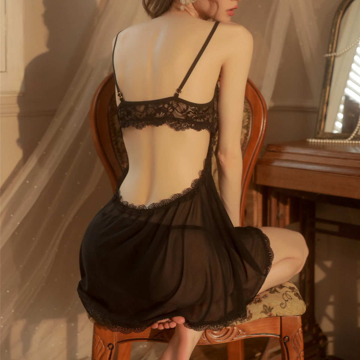 Lace Sheer Mesh Nightwear Set | Elegant Robe, Sling Dress & Thong – Perfect for Glamorous Nights