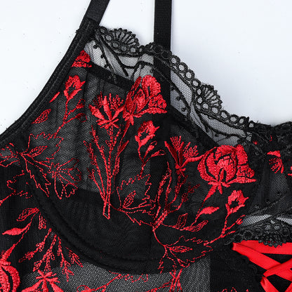 Three-piece lingerie set with sheer mesh details