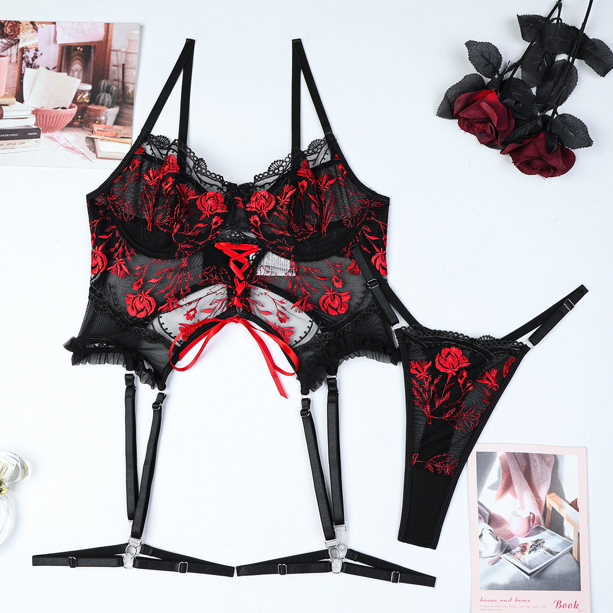 Red strappy three-piece lingerie set