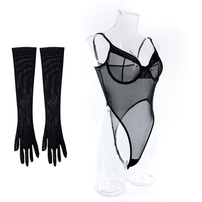 Black See-Through Mesh Bodysuit with Matching Gloves