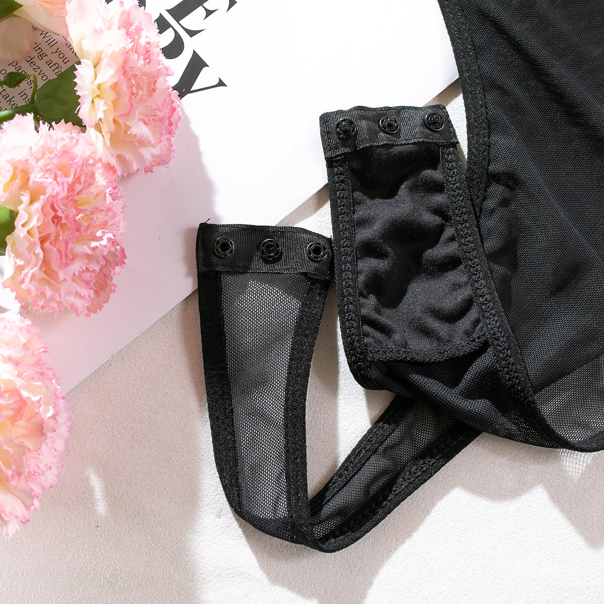 Black See-Through Mesh Bodysuit with Matching Gloves