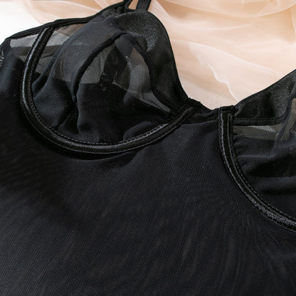 Black See-Through Mesh Bodysuit with Matching Gloves