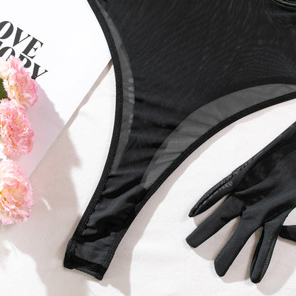 Black See-Through Mesh Bodysuit with Matching Gloves