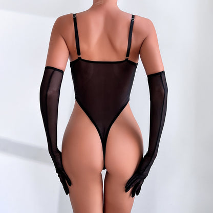 Black See-Through Mesh Bodysuit with Matching Gloves