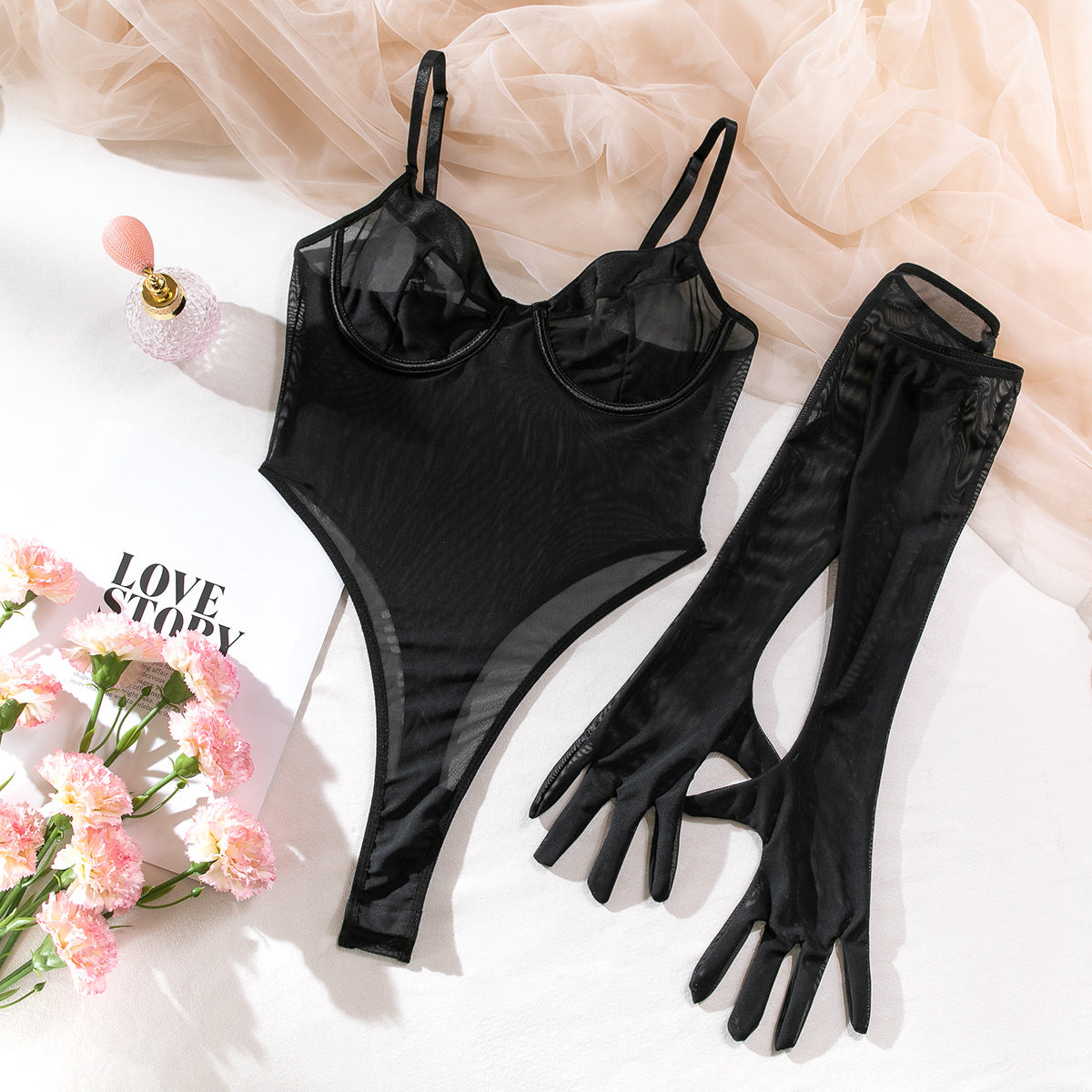 Black See-Through Mesh Bodysuit with Matching Gloves