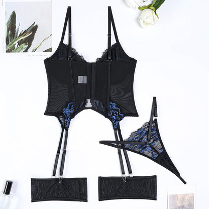 Cutout accents on black three-piece lingerie set