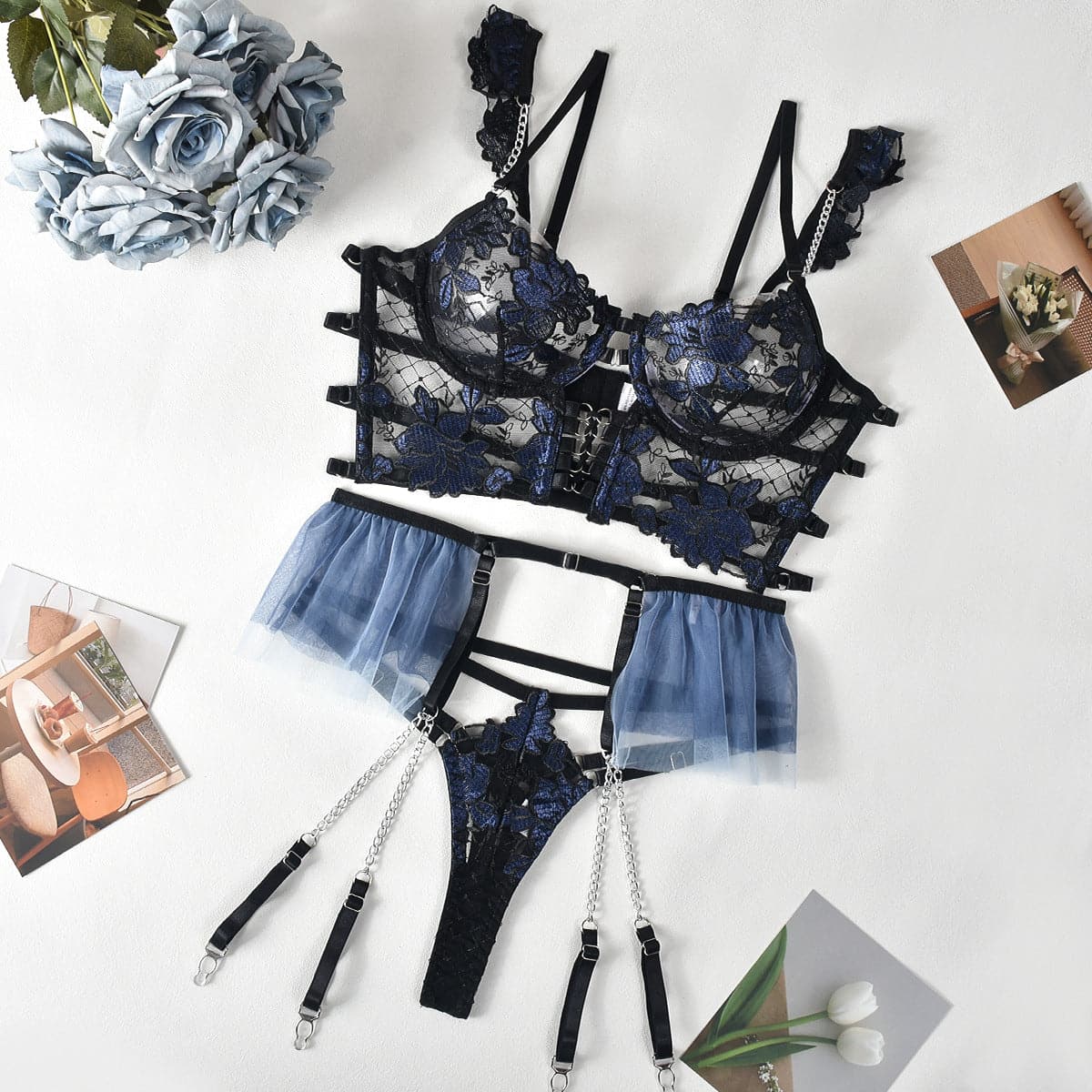 Purple lingerie set with lace design