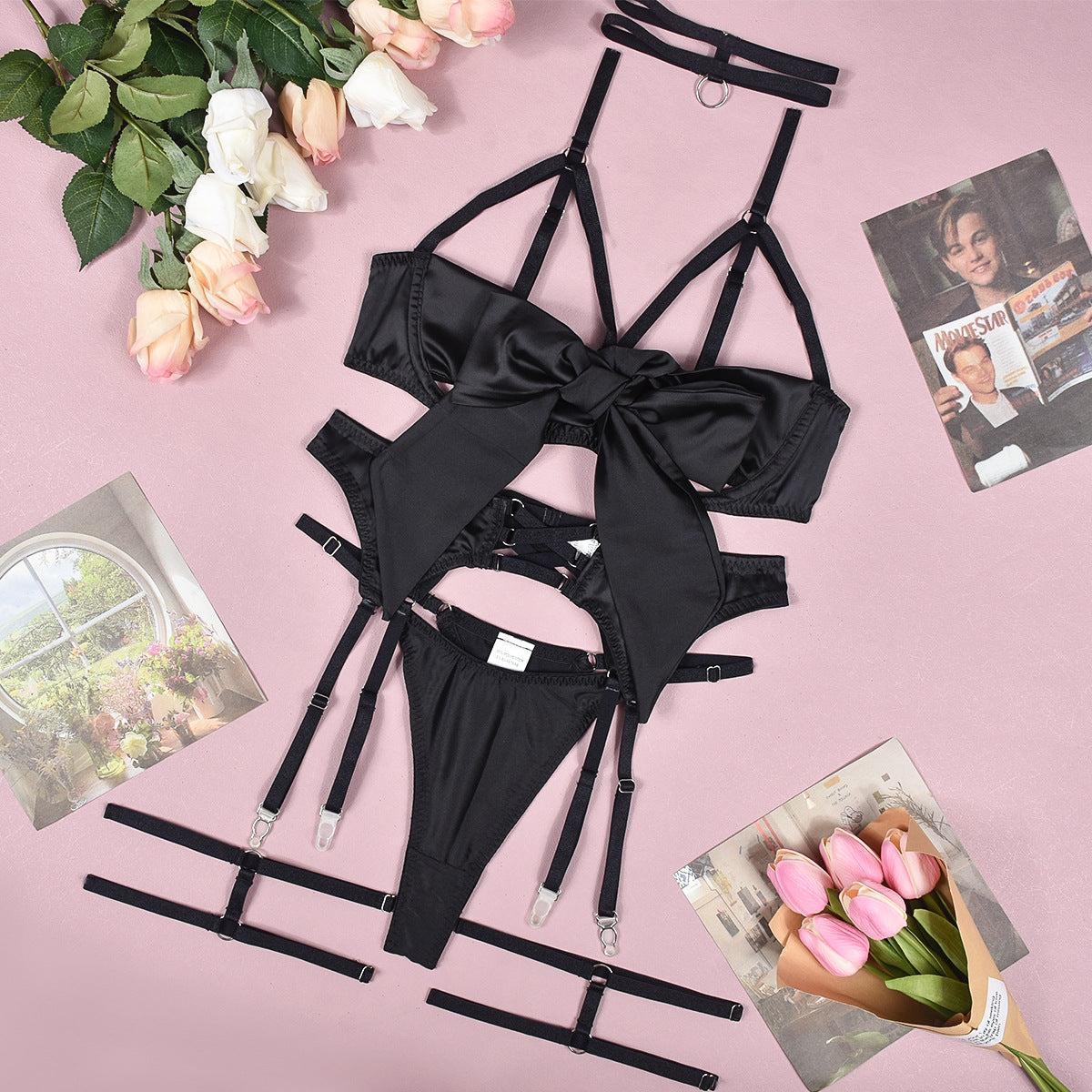 Five-piece lingerie set styled with satin