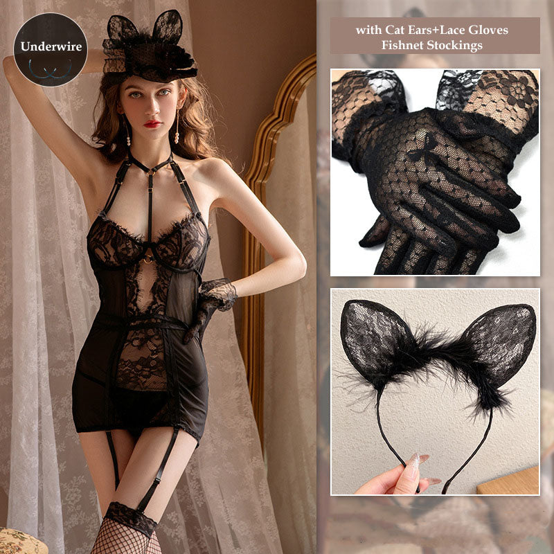 Cat roleplay lingerie bodysuit with lace details