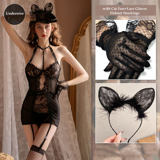 Cat roleplay lingerie bodysuit with lace details