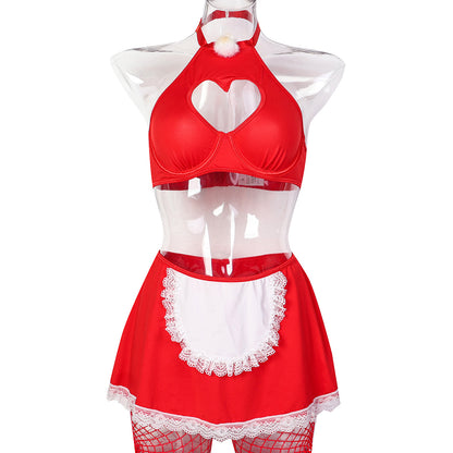 Red maid lingerie set featuring fishnet
