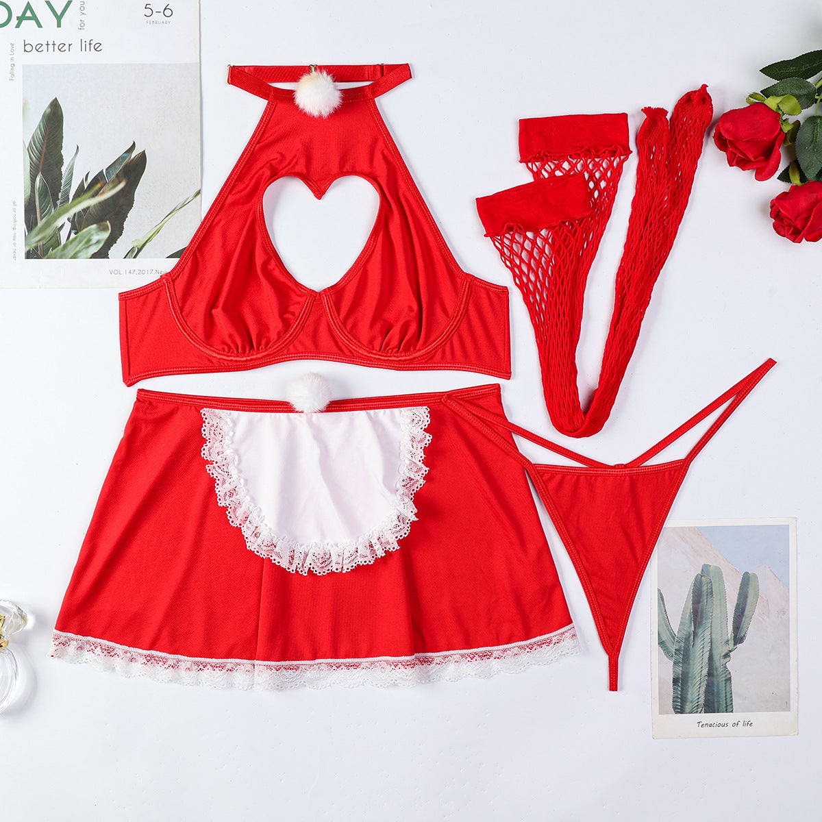 Fishnet details on maid roleplay lingerie set
